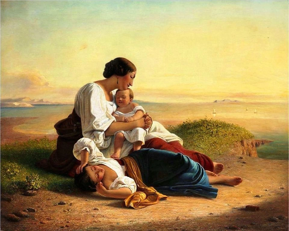 Giovane donna italiana con due bambini che dormono sulla costa